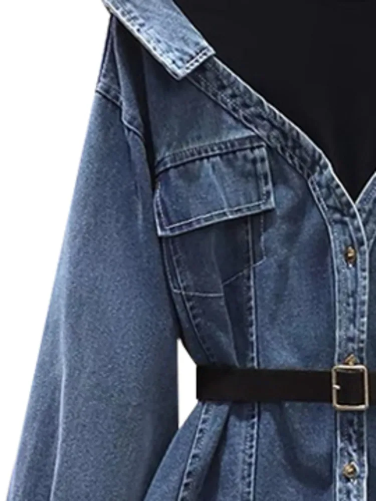 DEAT Fashion Women\'s Fake 2 Pcs Denim Coat Belt Lapel Patchwoek Contrast Color Pockets Slim Jackets Autumn 2024 New Tide 29L157