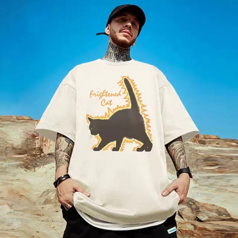 ZAZOMDE 2025 Street Vintage Anime Cat Print Short Sleeve T-shirt Men Goth Harajuku Fashion Couple Casual Loose Sports T-shirt