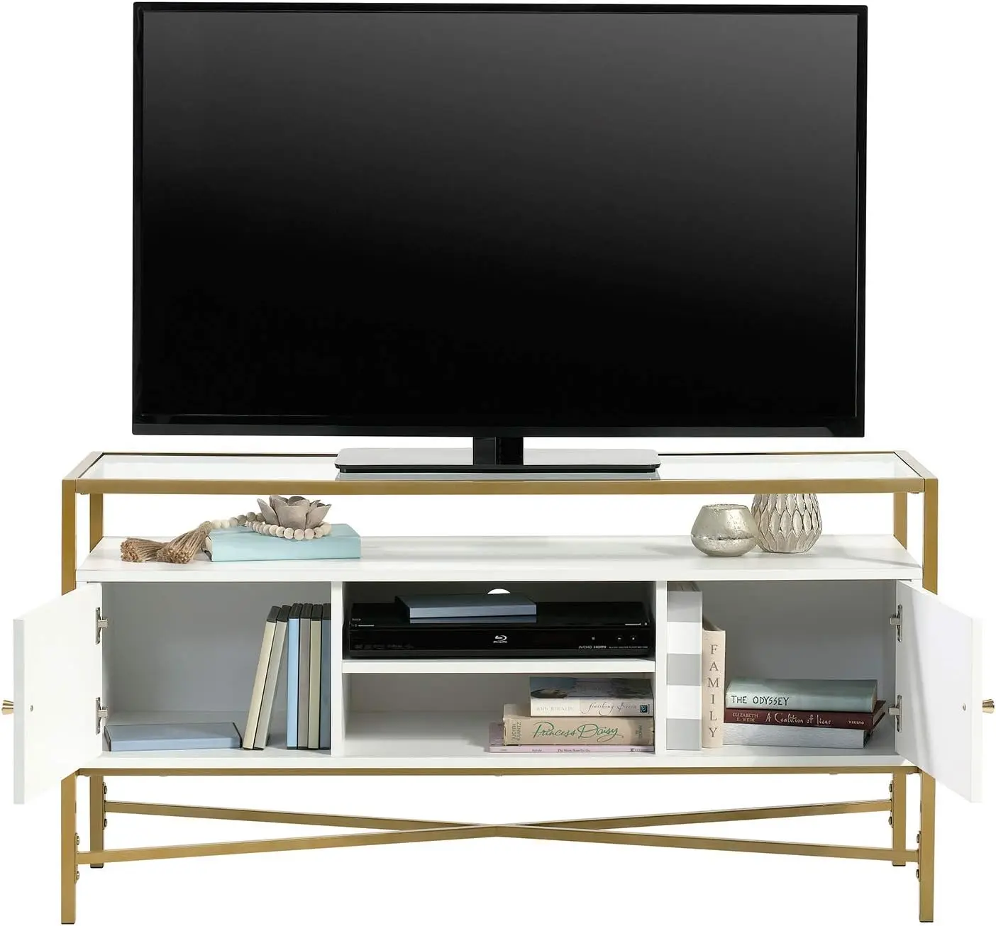 تلفزيون Credenza، L: 48.82 بوصة × العرض: 15.55 بوصة × الارتفاع: 25.0 بوصة، لمسة نهائية بيضاء