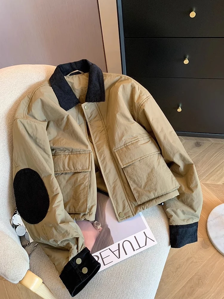 

Casual Cotton Jaet Men's Autumn Winter Warmth Flip Collar Big ket Color Blo Workwear Sle Zipper Closure Youth Faion