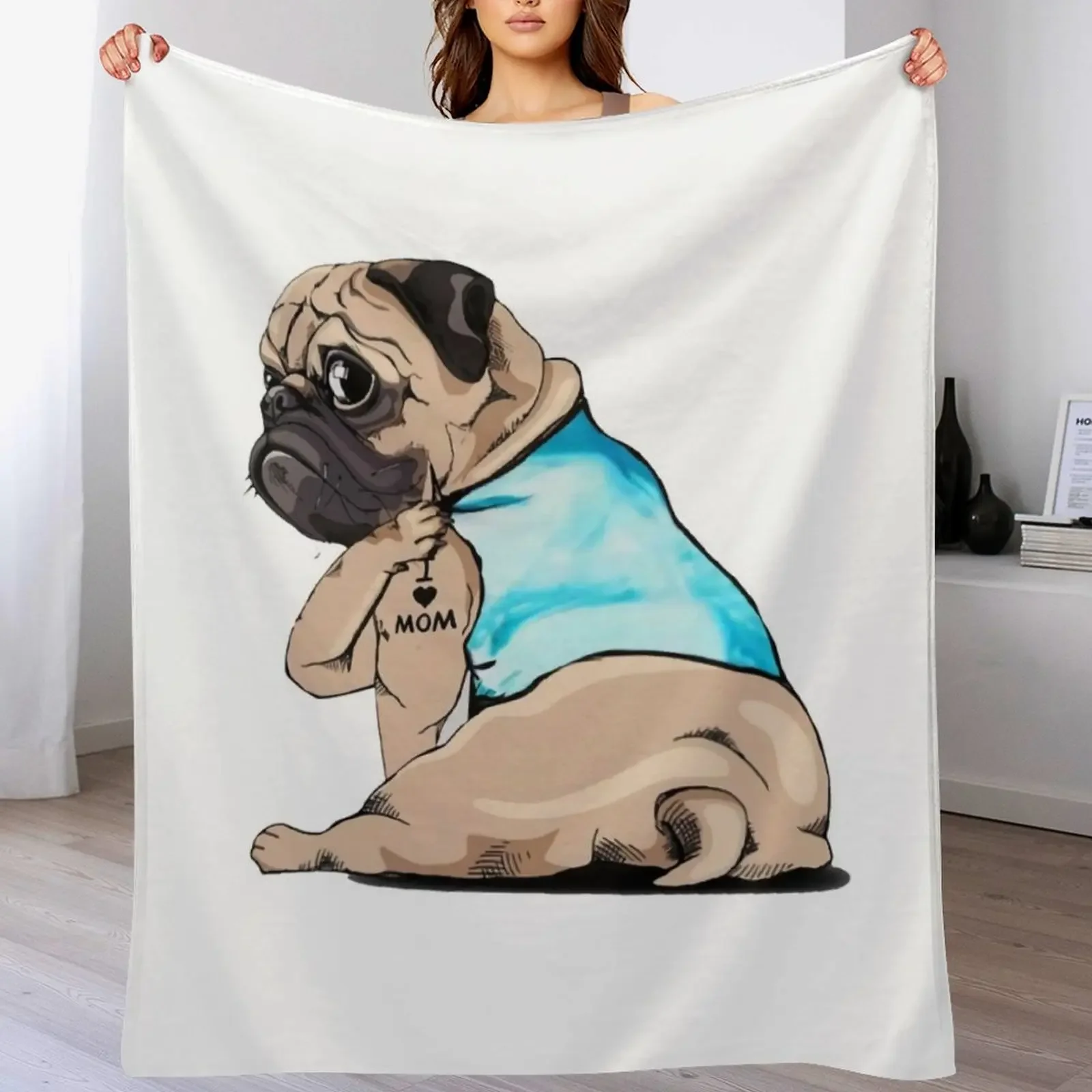 

Pug Dog I Love Mom Tattoo Design Throw Blanket Sleeping Bag funny gift Beach Decorative Throw Blankets