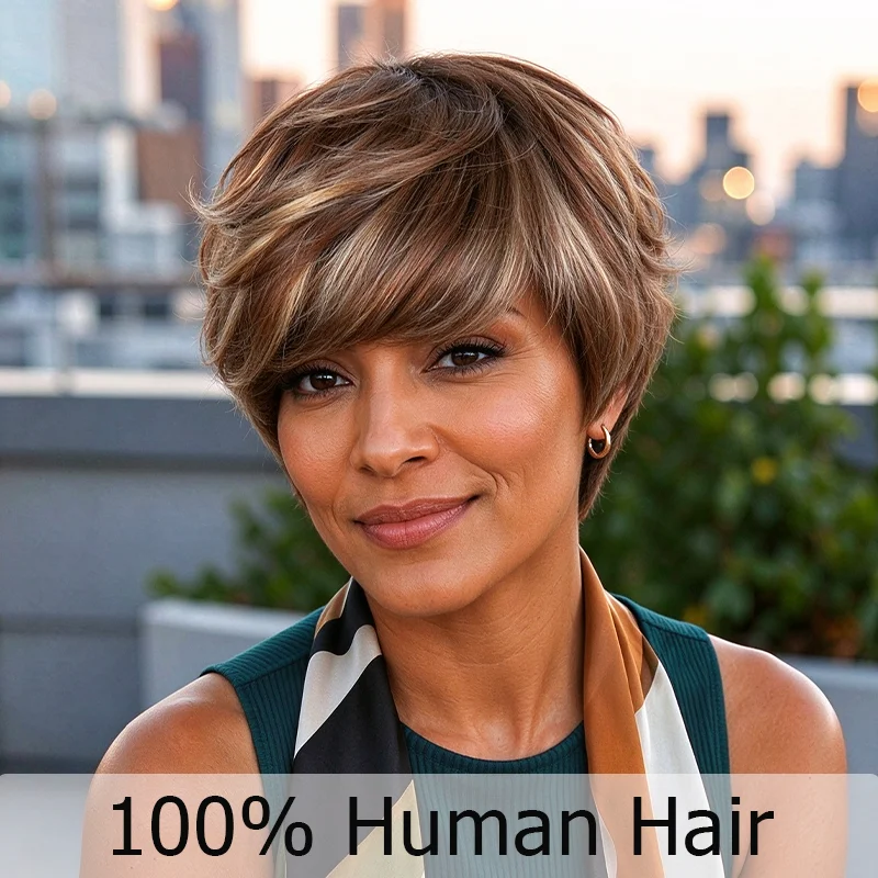 Brown Blonde Highlight Straight Short Pixie Cut Human Hair Wig with Full Bangs Short Pixie Cut Wig for Women Human Hair