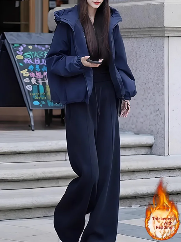 

Комплект повседневной спортивной одежды для женщин: осенне-зимний модный костюм из двух предметов с широкими брюками на высокой талии, хлопковый, удобный и теплый.