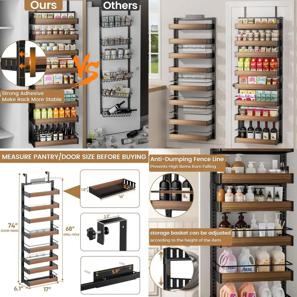 

8-уровневый органайзер для кладовой над дверью, 2-в-1: настенная или подвесная полка для специй с регулируемыми корзинами, сзади