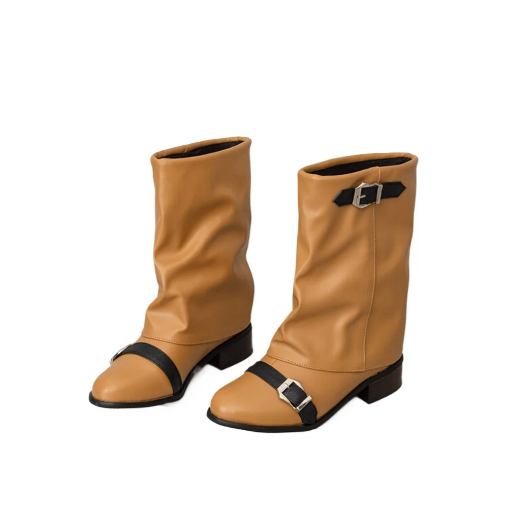 الموضة الرجعية النمط الغربي الخريف الشتاء أحذية بوت قصيرة منخفضة كعب سميك النساء الأحذية منتصف العجل مطوي كومة الأحذية حجم كبير 47 777-3 #3