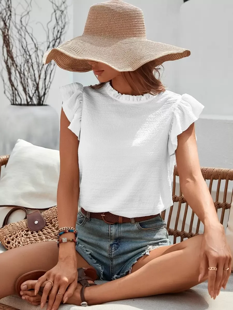 

White Ruffled Sleeve Short Sleeve Casual Shirt With Frill Collar