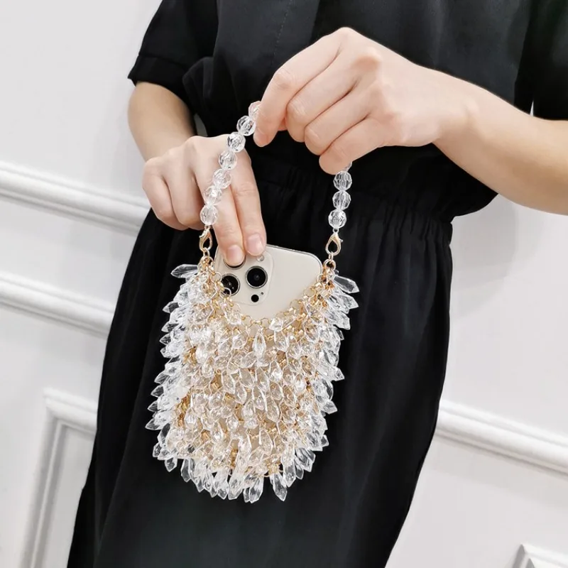 Customized Crystal Bag Luxury Handmade Hanging Ring Beaded Weaving Acrylic Metal Women\'s Handbag Party Banquet Evening Bags