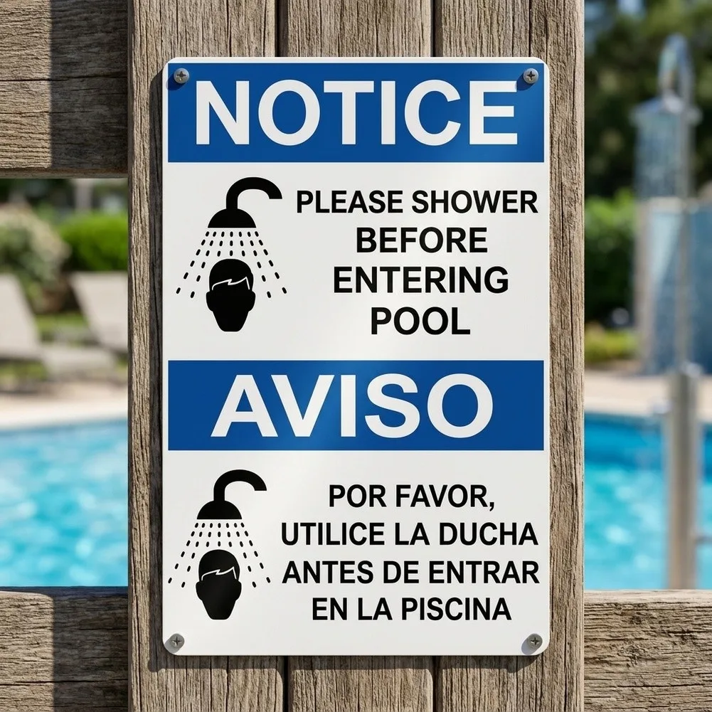 Pool Shower Required Sign Bilingual English Spanish 12x8 Inch Weatherproof Metal Tin Sign for Outdoor Pool Environments