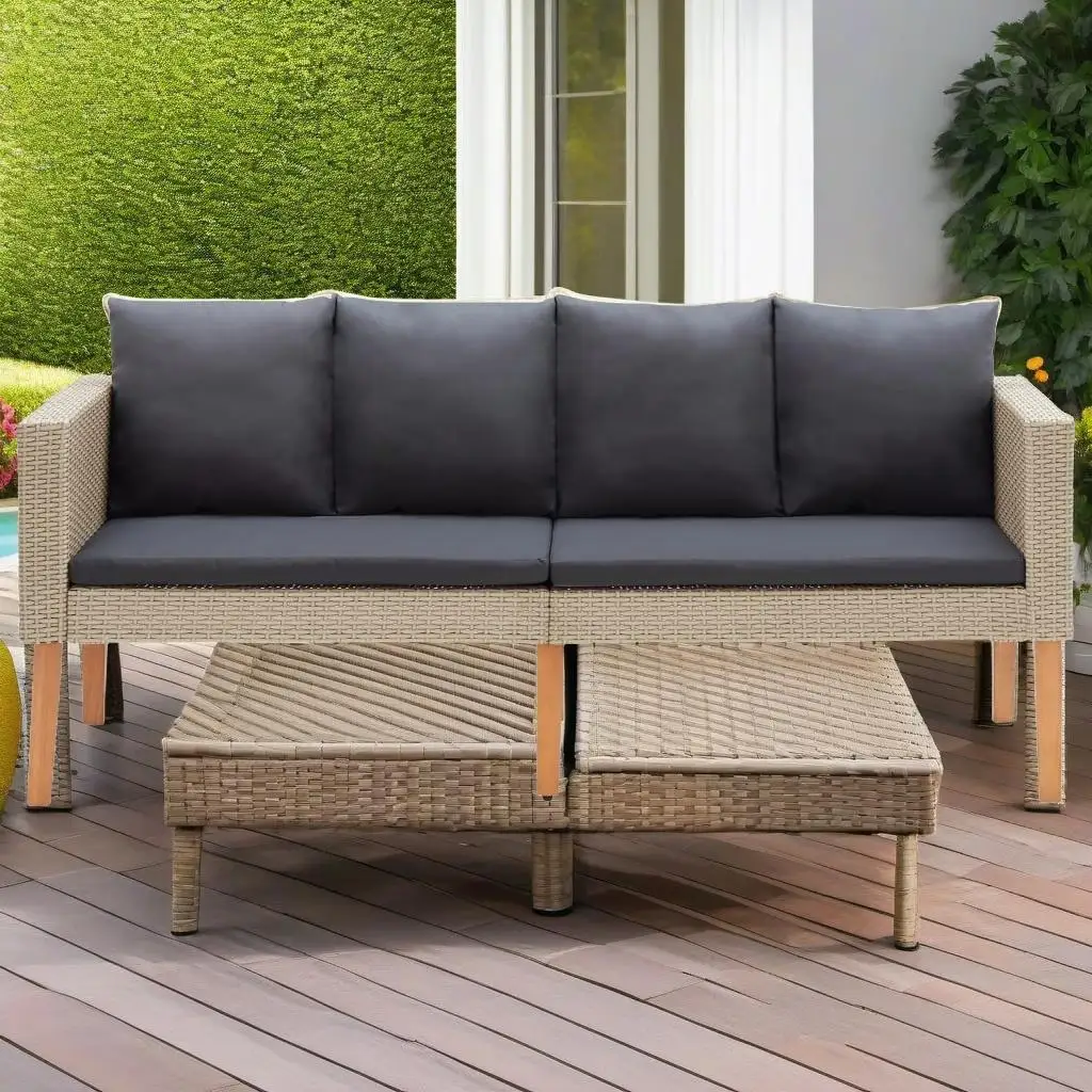 3-Piece Beige Poly Rattan Patio Lounge Set with Cushions - Outdoor Furniture for Garden & Balcony