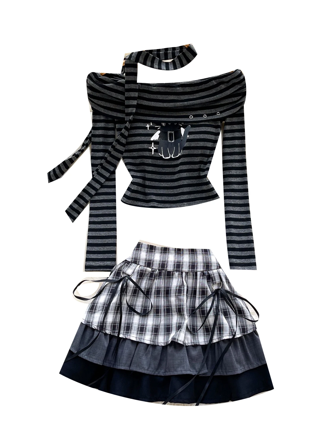 Hot Girl Pure Desire Pittige Set Dames Herfstontwerp Eén schouder Turn-down Kraag Lange Sve Gestreepte Top Hoge Taille Volant...