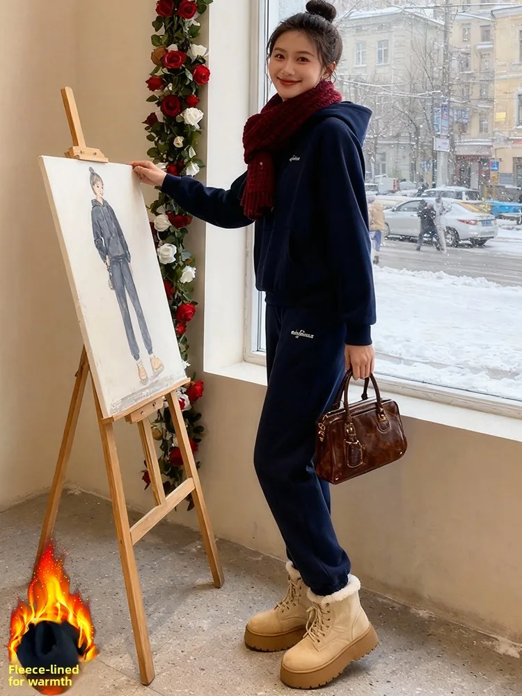 

Женский зимний утепленный спортивный костюм из флиса: повседневный комплект из худи и брюк, теплый и уютный, с высокой талией, длинными рукавами