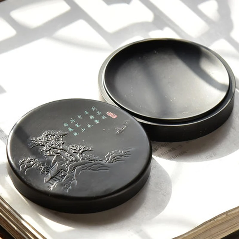 She Yan Ink Stone Chinese Calligraphy Round Inkstone  Natural Stone with Cover