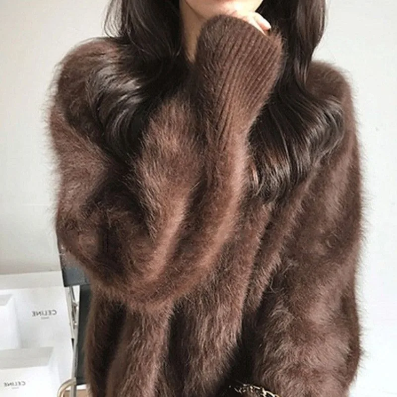 

Норковый пуловер с круглым вырезом, свитер для женщин осень-зима 2024, новый повседневный стиль, свободный вязаный свитер из мохера для верхней одежды