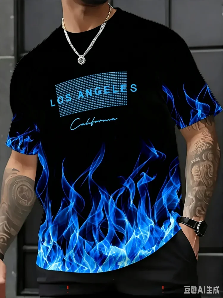 Modisches neues Herren-T-Shirt mit Los Angeles Blue Flame-Print, Rundhalsausschnitt, kurze Ärmel, lässiges Streetwear-Shirt für Herrenkleidung