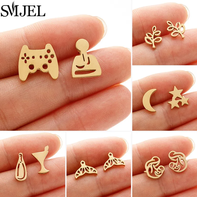 Golden Minimalist Geometric Stainless Steel Earrings for Women Punk Game Controller Ear Studs Leaf Star Cup Earings Jewelry Gift