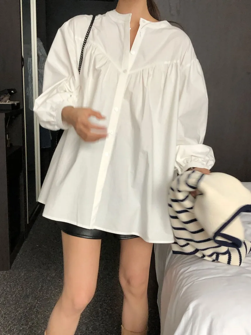 

Женская свободная блузка с рукавами-фонариками, шикарная, с круглым вырезом, комбинированная, приталенная, плиссированная, повседневная, из хлопка и полиэстера, с длинными рукавами