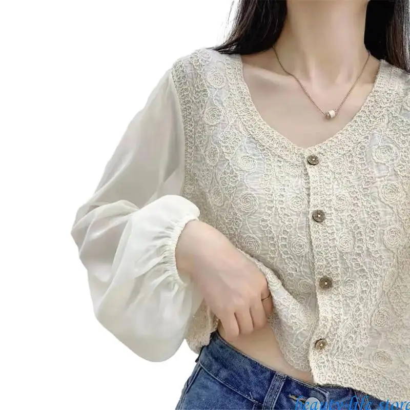 

Women Cardigan Tops Hollow out Knitted Shirt Puff Sleeve Crochet Blouse Jackets 517D