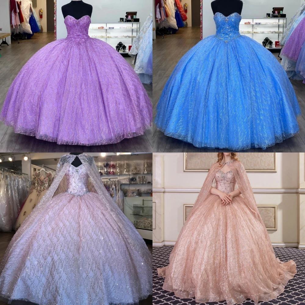 

Sparkle Sequins vestidos de 15 años 2022 with Cape Puffy Ballgown Quinceanera Sweet 16 Dress Prom Quince Gown Sweetheart Lace-Up