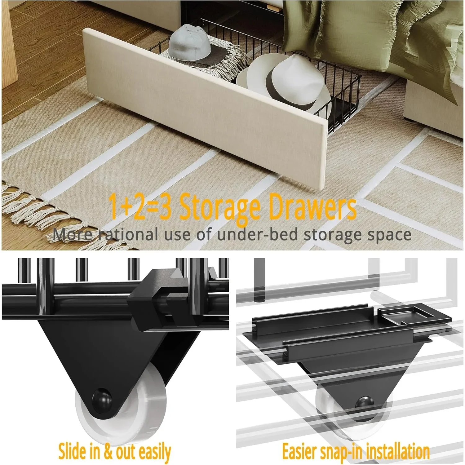 Struttura letto extra large con testiera portaoggetti e stazione di ricarica, letto con piattaforma imbottita con 3 cassetti, colore beige