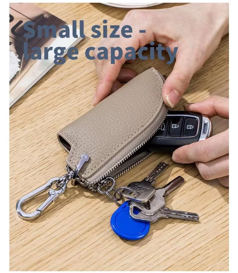 The new head layer cowhide leather zipper key bag men waist hanged car keys set of multi-functional household key chain