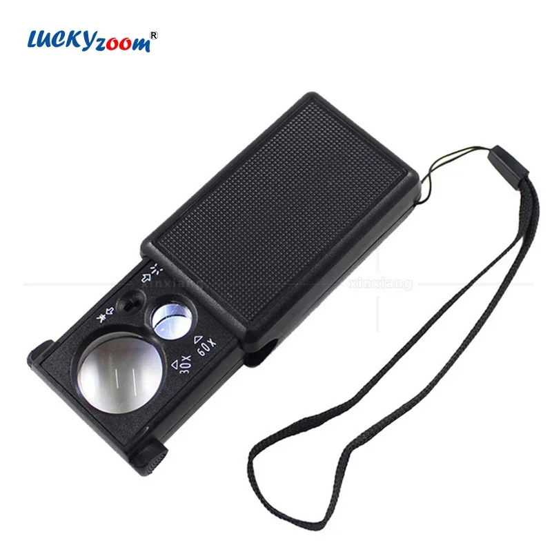 30X 60X Handheld Magnifier With LED Light Black Pull-out Lamp Magnifying Glass Portable Jewelry Loupe Foldable Jeweler Lupe