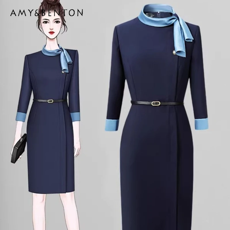

2026 Spring New Women's Dress Contrasting Color Scarf Detail Commuting Style Elegant Slim Three-quarter Sleeve Professional Wear