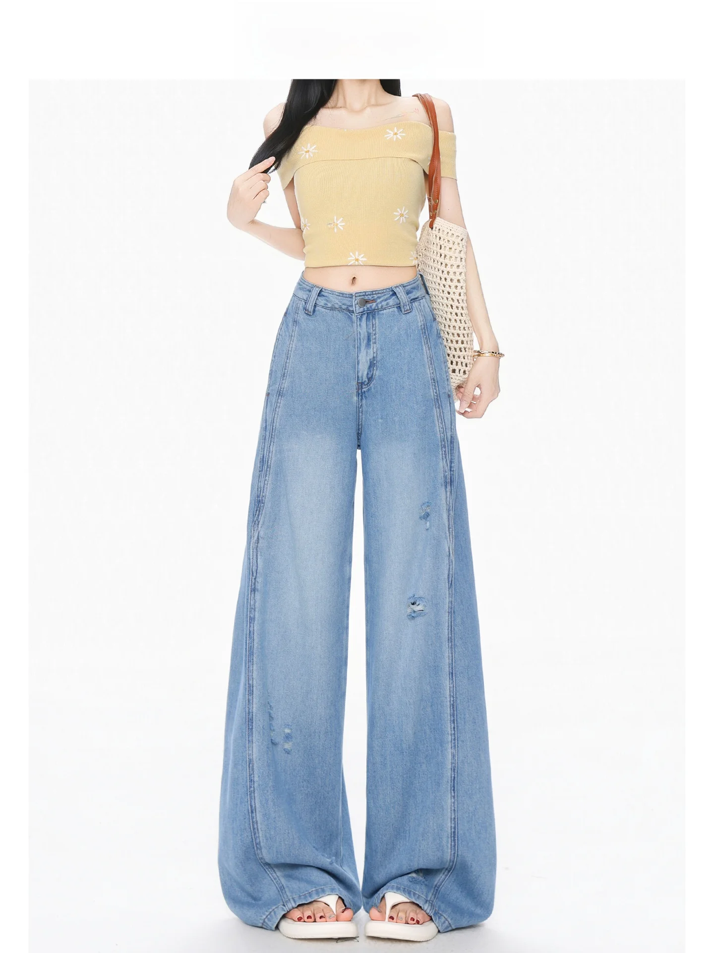 Vaqueros de mezclilla azules de cintura alta y pierna ancha para mujer, pantalones de corte recto de estilo retro americano Forever 21, moda informal de verano
