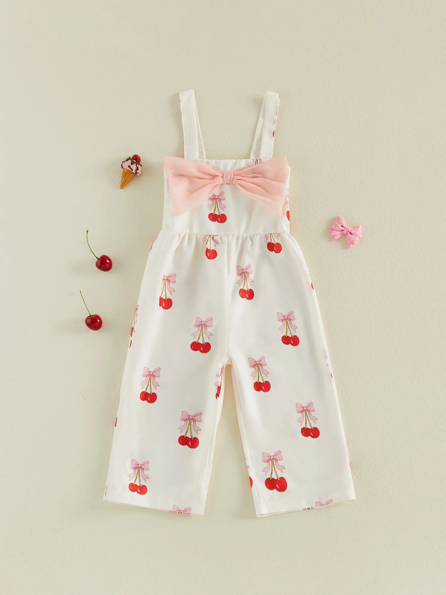 

Adorable Infant Girl Romper Watermelon Patterned Sleeveless Jumpsuit with Cute Bow Detail Stylish Flared Overalls