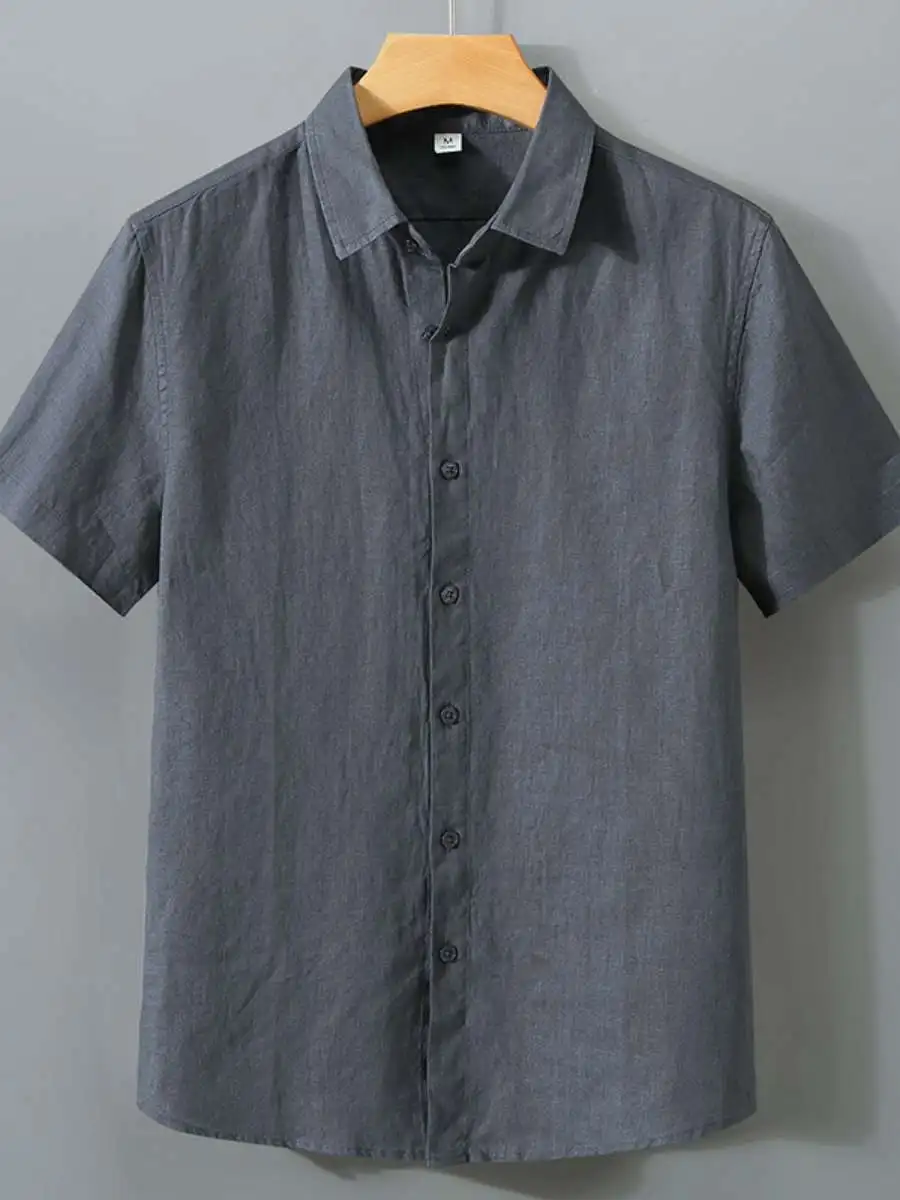

New Pure Linen Short Sleeve Shirt Men's Retro Japanese Style Cotton Linen Casual Thin Summer Shirt Pure Color Business Casual