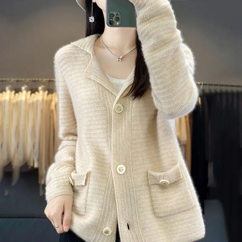 2024 Autumn Winter Woolen Knitted Solid Pullovers Elegant Bodycon Cardigan Sweaters Female Korean Vintage Luxury Coat Clothing