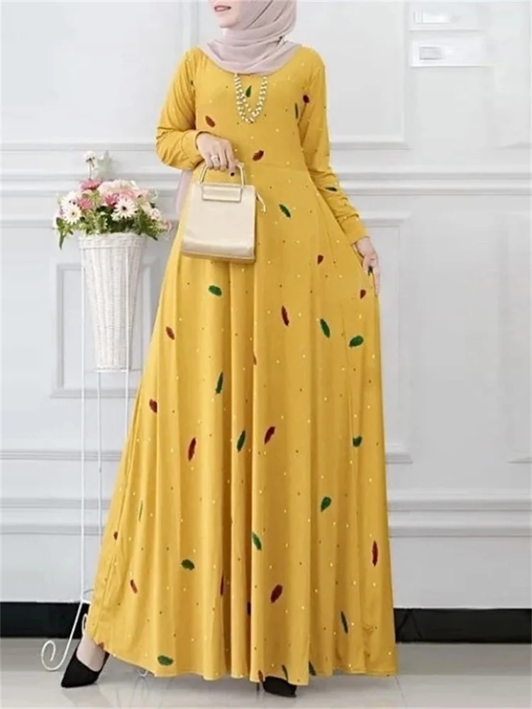 

Ramadan Muslim women's luxury fashion Arab casual dress with leaf polka dot print, spring and summer long sleeved bohemian dress