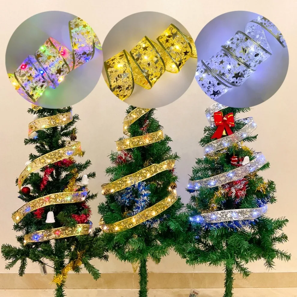 Christmas Decoration LED Ribbon Lights Christmas Tree Ornaments DIY Lace Bows String Lights Navidad Home Decors New Year 2023