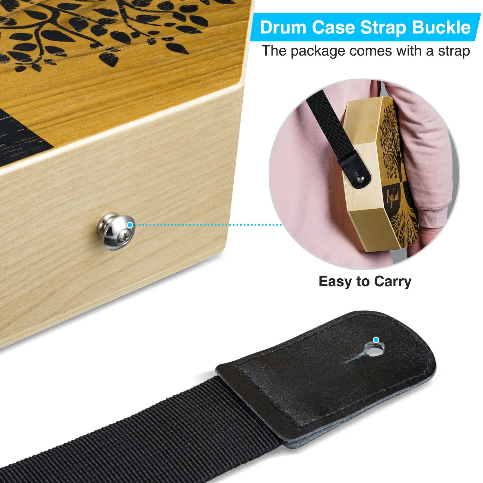 

Pogolab Compact Strap-Carry Cajon for Musicians On-The-Go - Two-Tone Wood Design, Easy Assembly Percussion Instrument