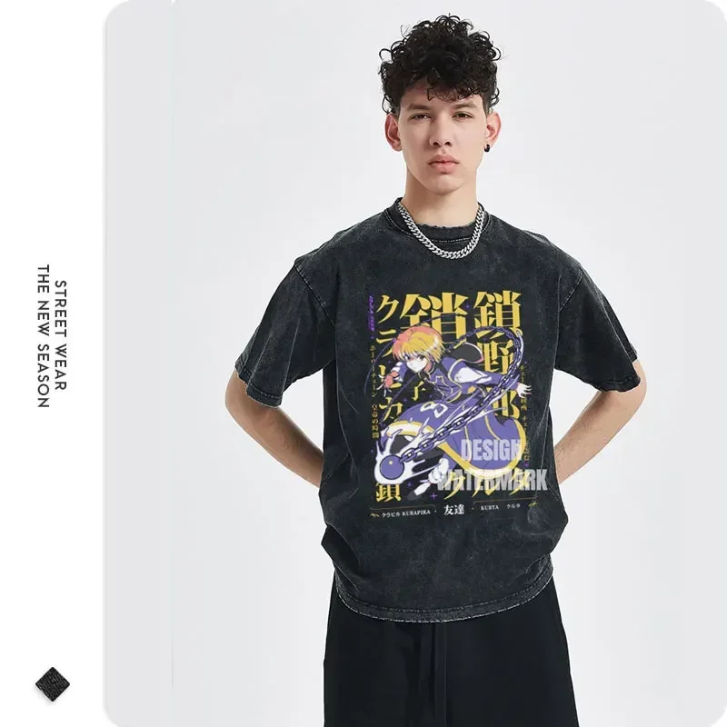 쿠라피카 반팔 티셔츠 남성용, 오버사이즈 빈티지 워싱 애니메이션 티셔츠, 스트리트웨어, 만화 킬루로 졸딕 곤 프리세스 상의