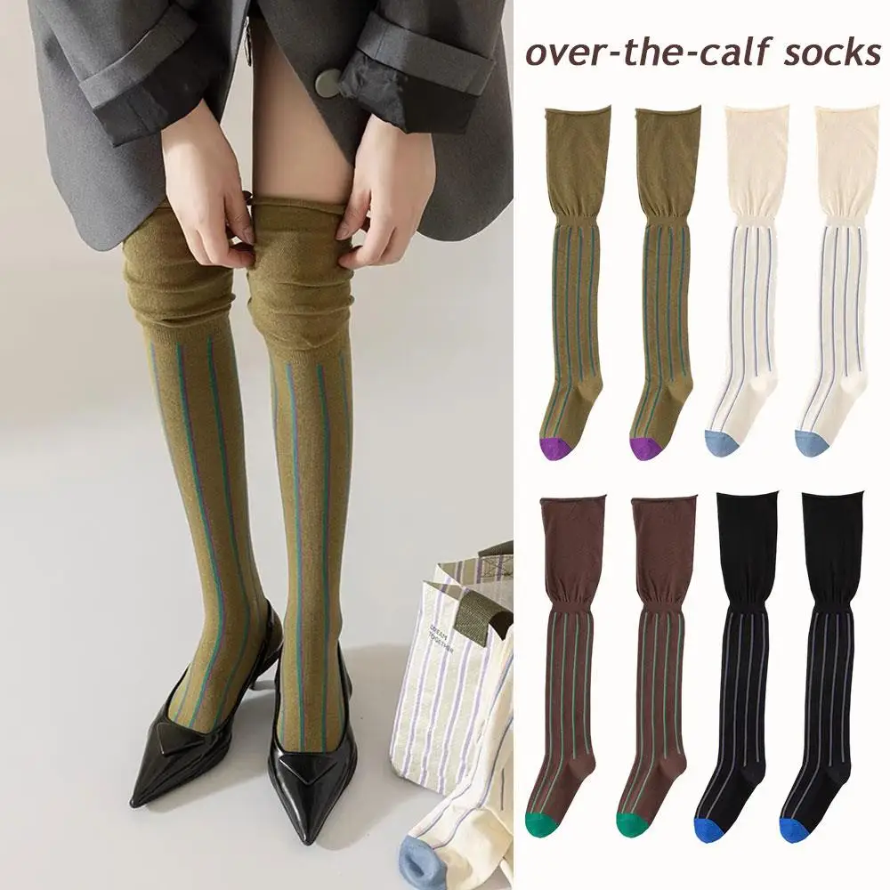 

Vertical Stripes Socks Over Knee Stockings Tall Thigh High Socks Loose Mouth Knee Length Stockings Contrasting Colors Lazy Socks