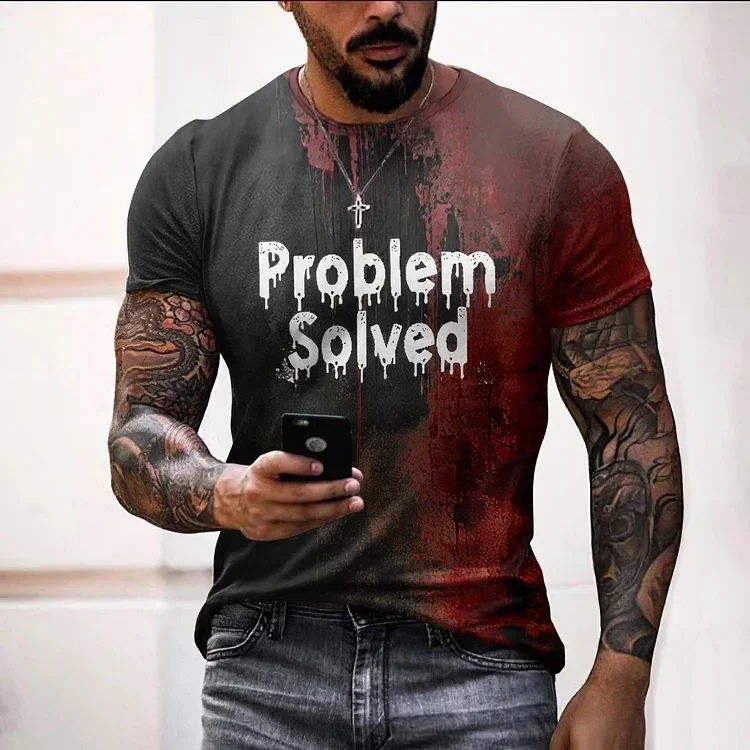

Halloween Problem Solved Bloody Graphic Men's T-Shirt for Men Clothing Short Sleeve Crew Neck Men Tops Horrible Tee Shirt Top