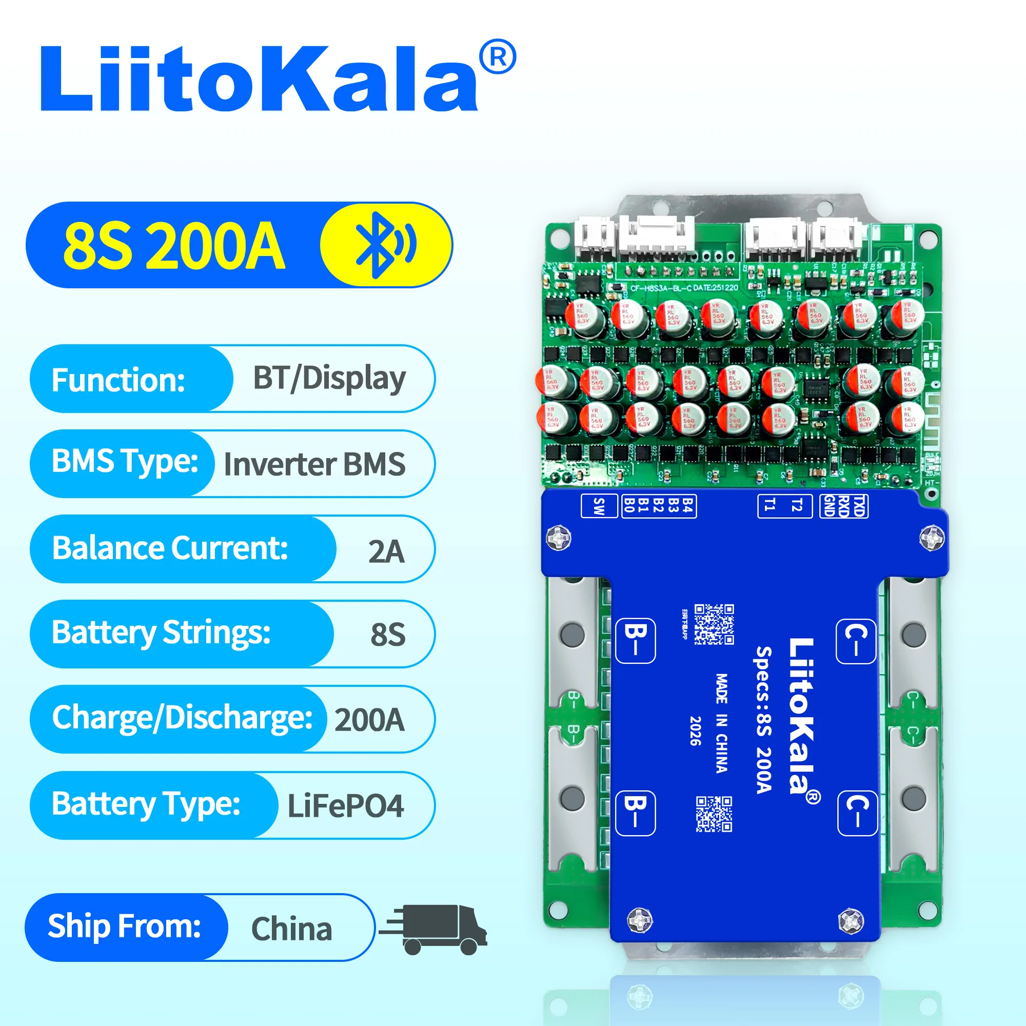LiitoKala Car Start Smart BMS 4S 12V 8S 24V LiFePO4 Li-ion Battery with BT UART Heating100A 200A Battery Management SystemS