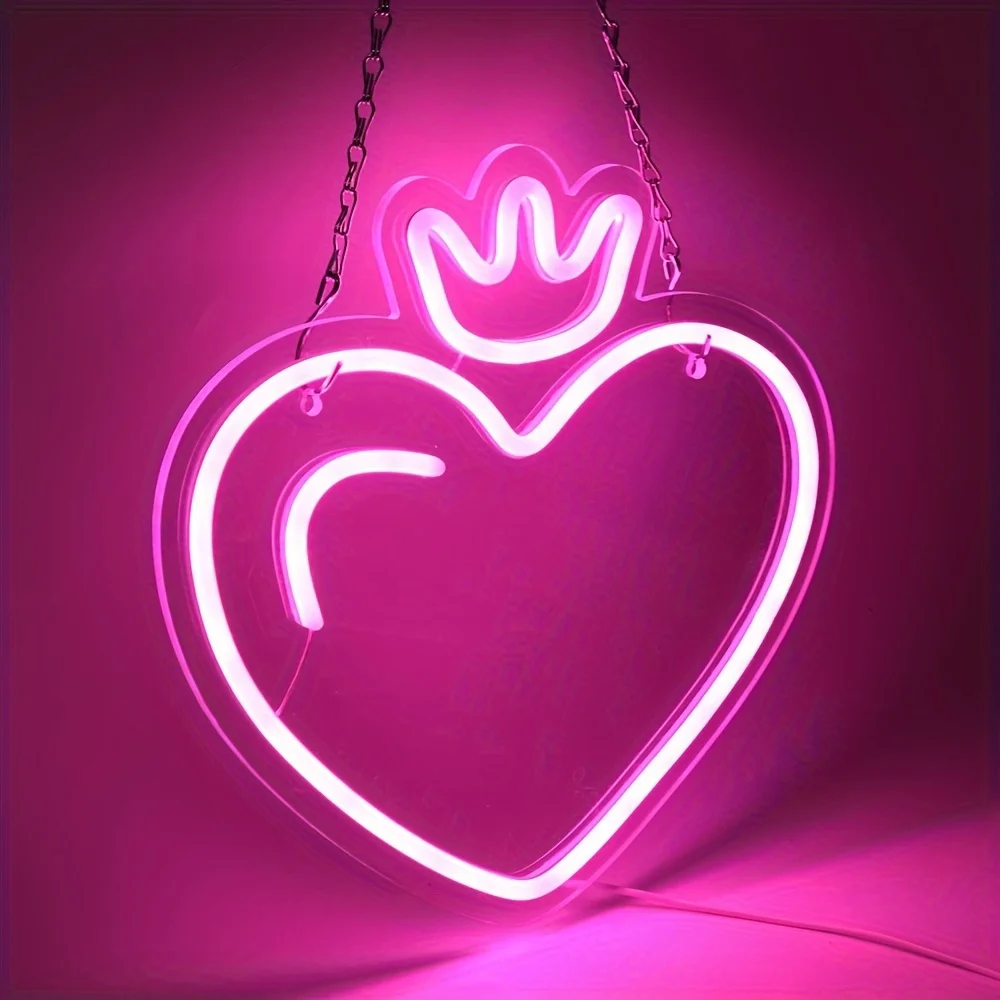 LED Heart Crown Neon Sign, Pink & Red Light Options, Durable Plastic Indoor/Outdoor Sign for Bedroom, Living Room, Game Room