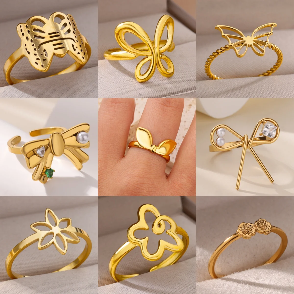 

10pcs Sweet Butterfly Flower Women's Rings Imitation Pearl Zirconia Stainless Steel Bow Christmas Jewelry Ring Wholesale bijoux
