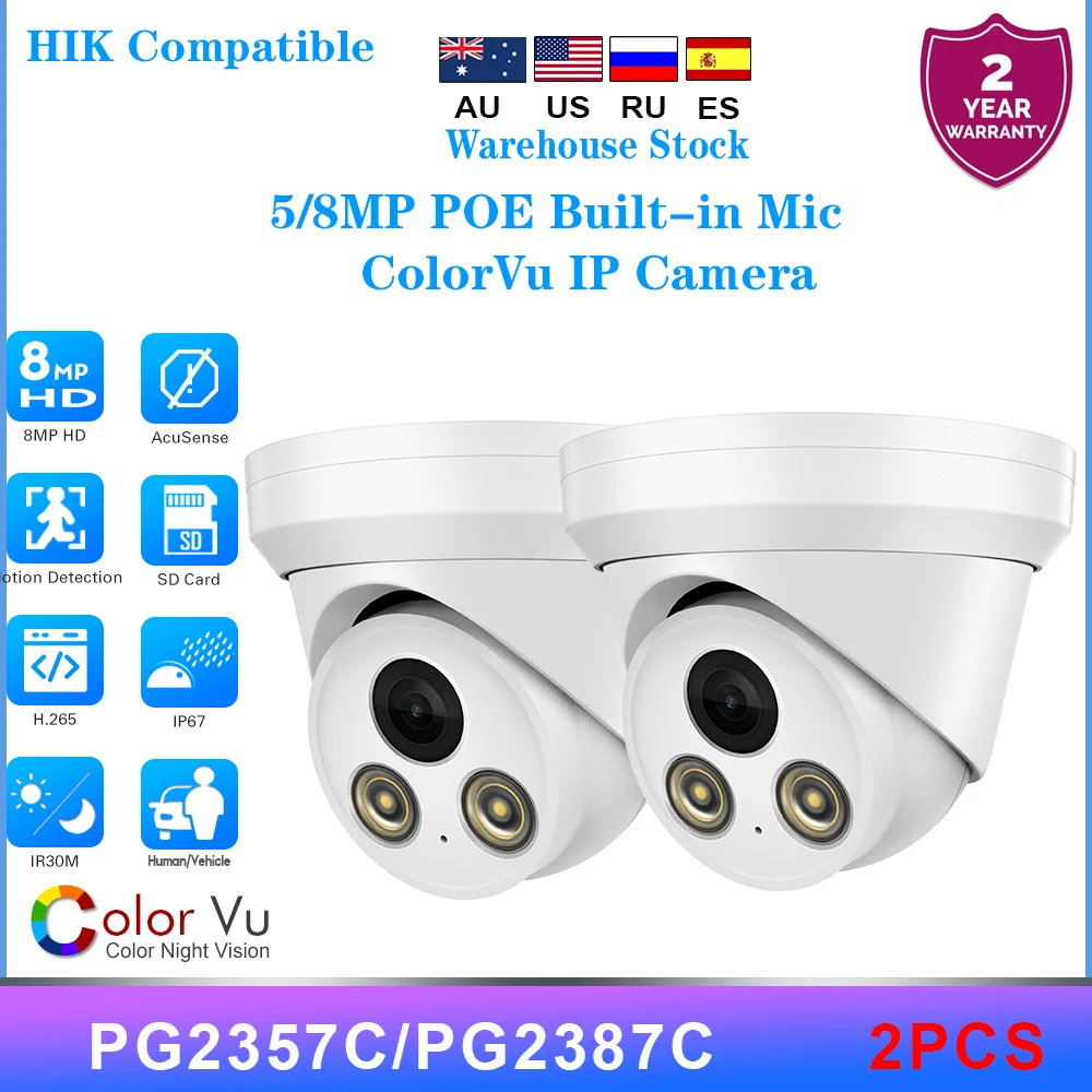 

2PCS Hikvision Compatible 5MP 8MP Colorvu IP Camera Bulit-in Mic CCTV Surveillance Network Camera Plug&Play with Hik NVR