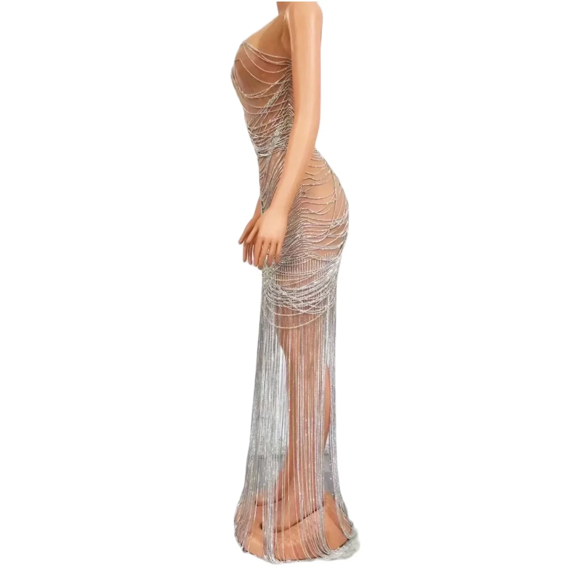 Nude Sleeveless Shining Rhinestones Chains Tassel Sexy Dress For Women Evening Party Clothing Singer Stage Costumes Prom Wears