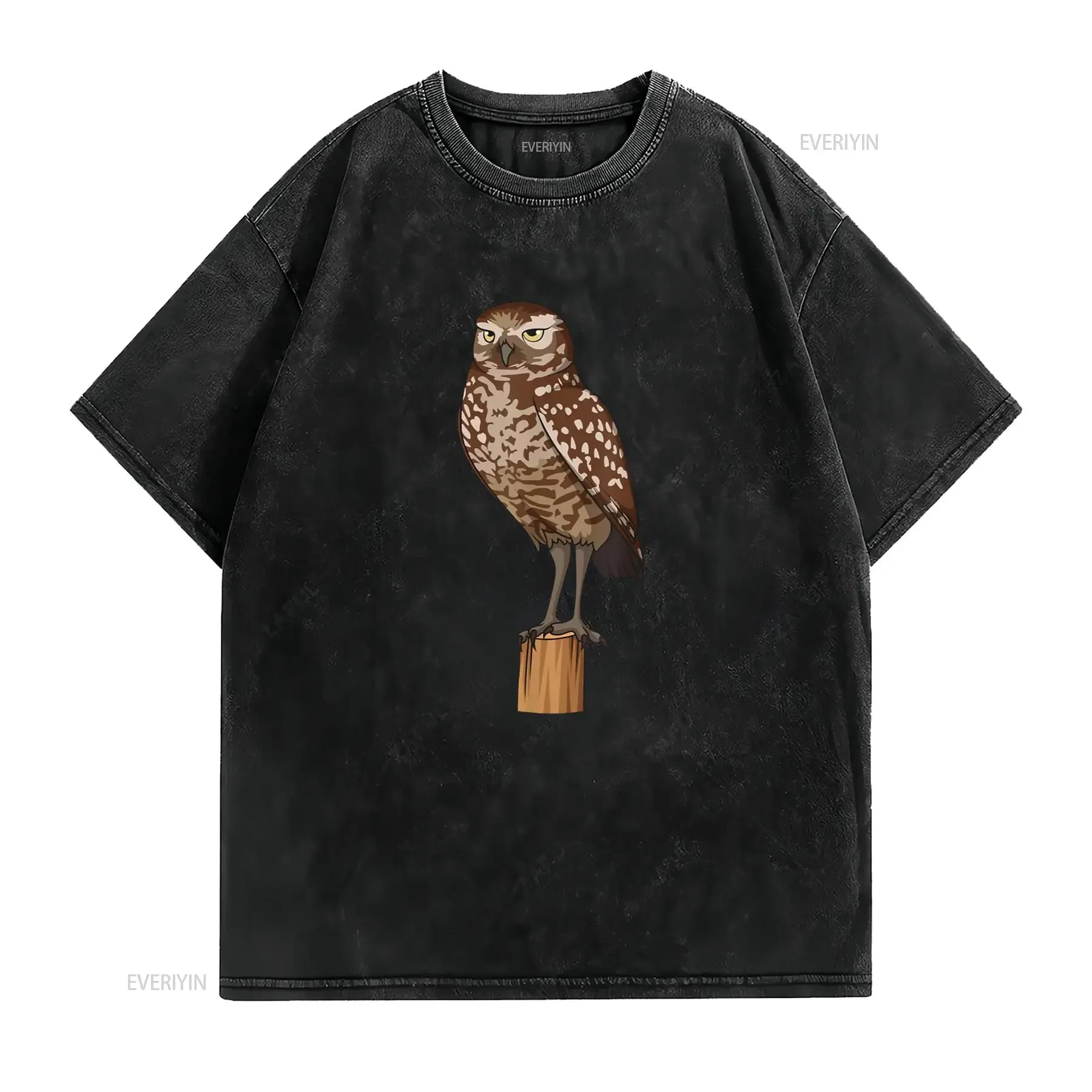 نتوء البومة على فرع شجرة واقعية تي شيرت خمر غسلها موضة عادية لينة للجنسين تنوعا تنفس قليلا