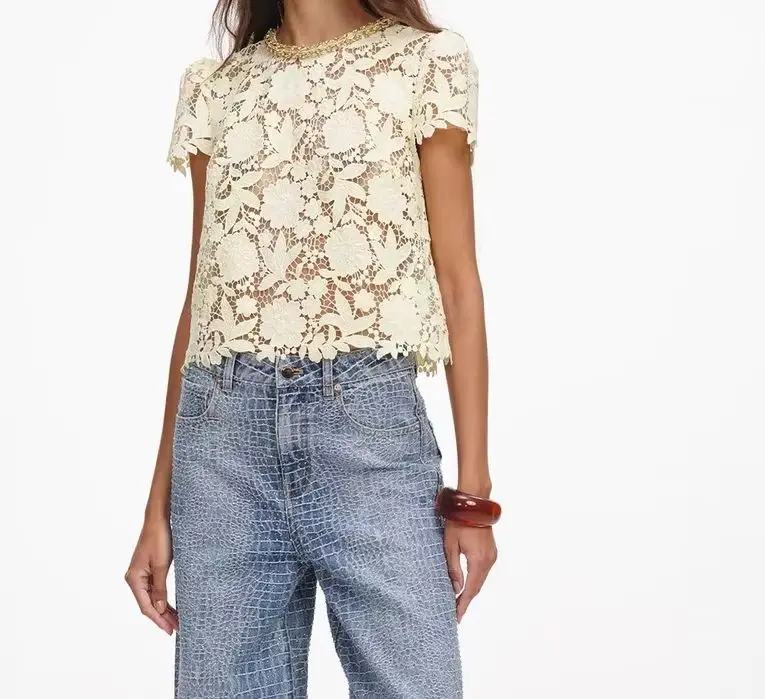 Rhinestone Decoration Women's Lace Embroidery Yellow T-Shirt Slightly Transparent  O-Neck Short Sleeve Fashion Tee Tops