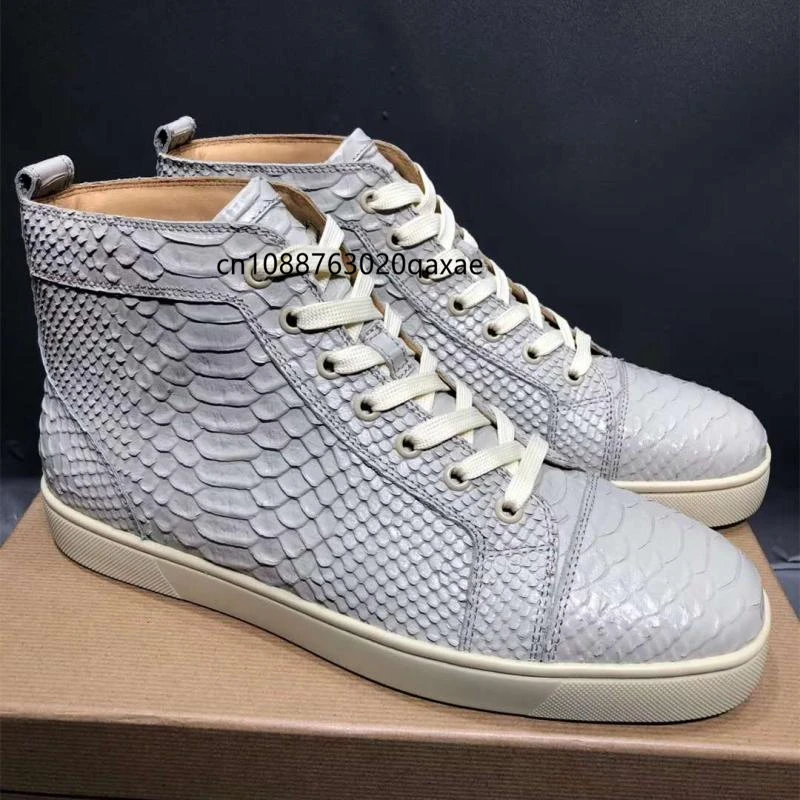 Fashionable leather men\'s high top shoes, women\'s casual board shoes, snake skin lace up couple shoes