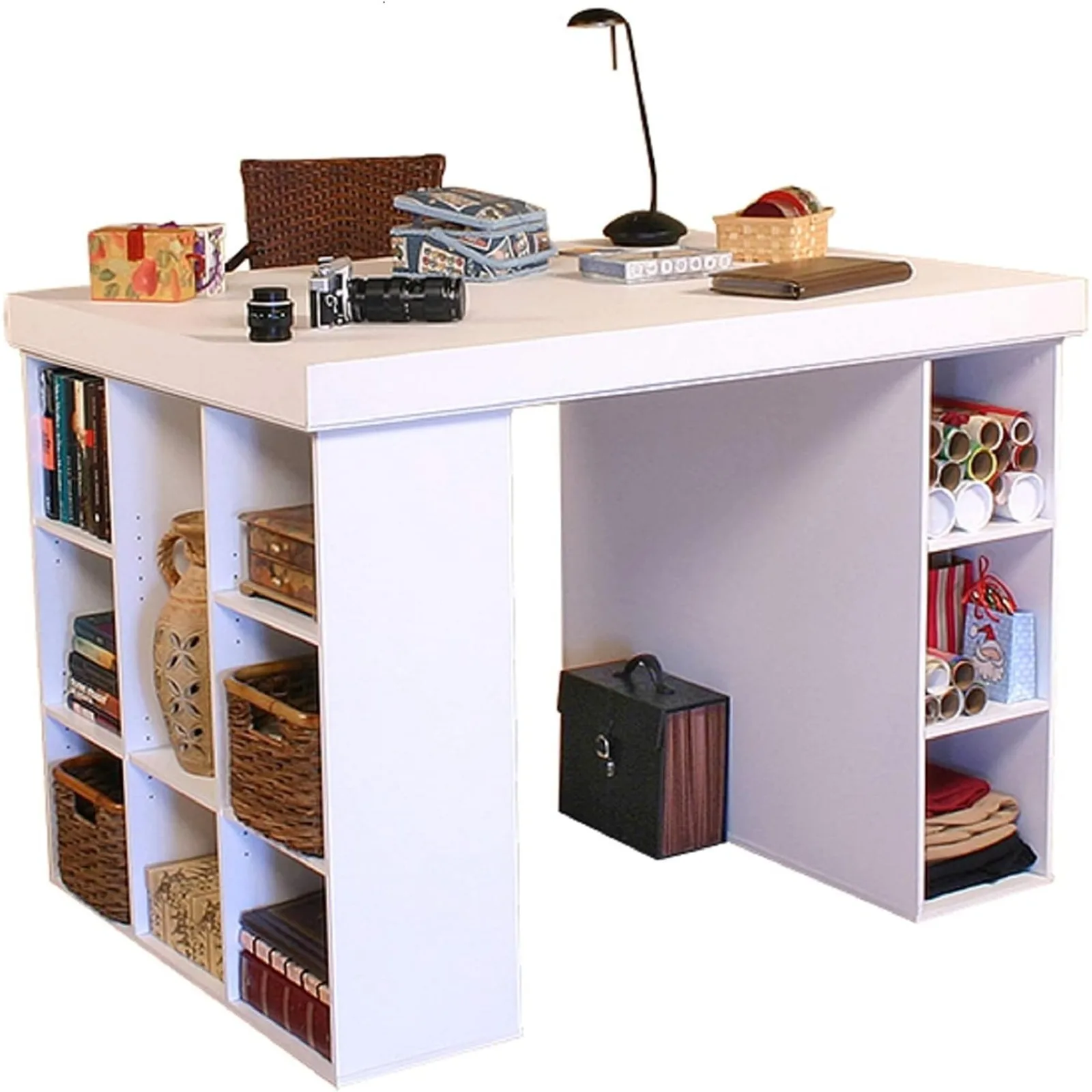 

US Project Center Desk with Bookcase and 3 Bin Cabinet,Modern-White