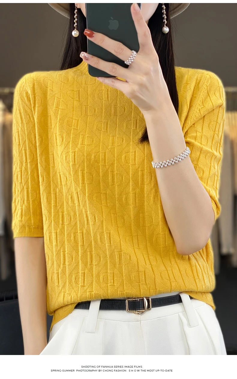 Women New Soft Diamond Letter Design Sweater Half-high Collar Three Quarter Sleeve Pullover Spring Summer Casual Knit Slim Top