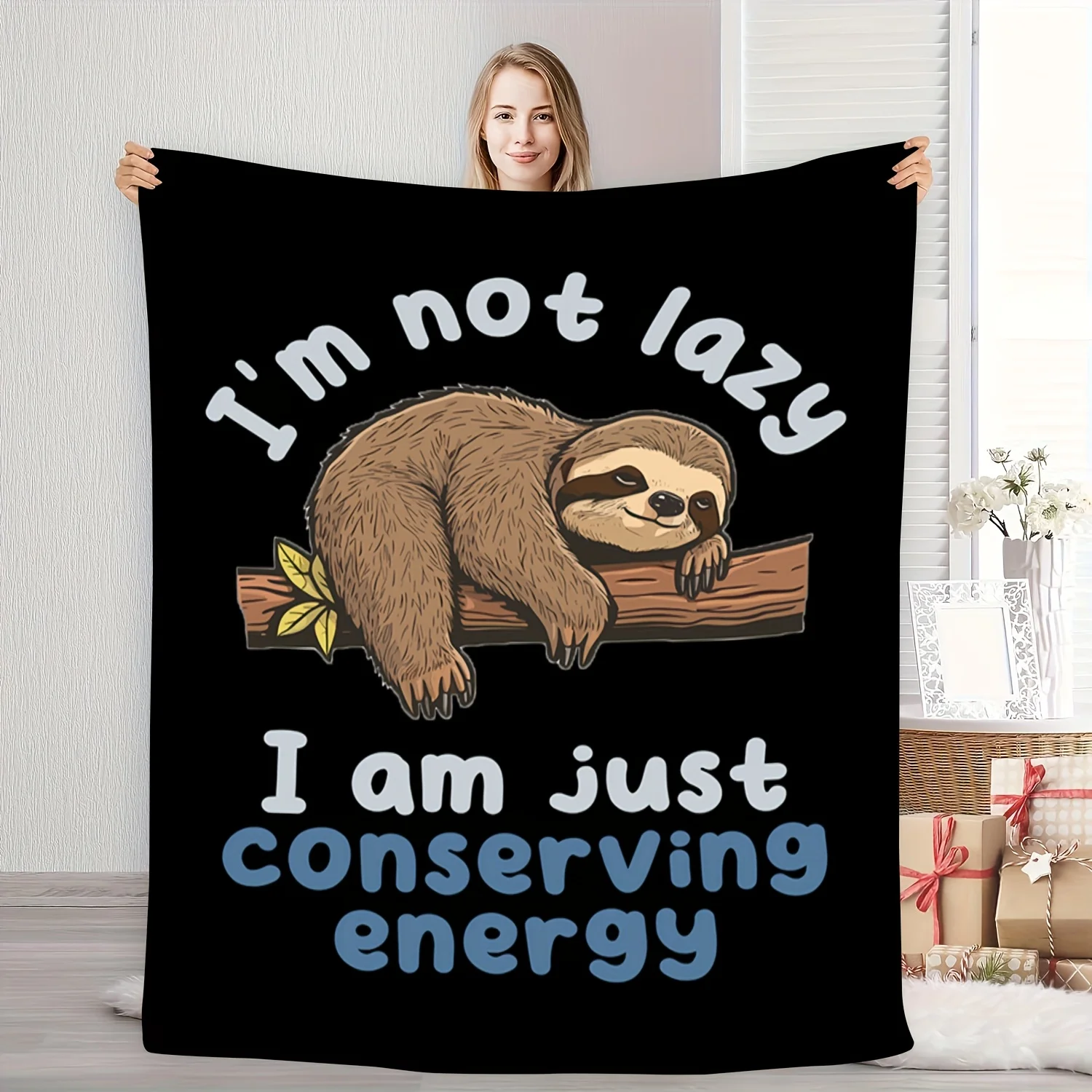1pc Cozy Sloth Flannel Blanket - Black with 