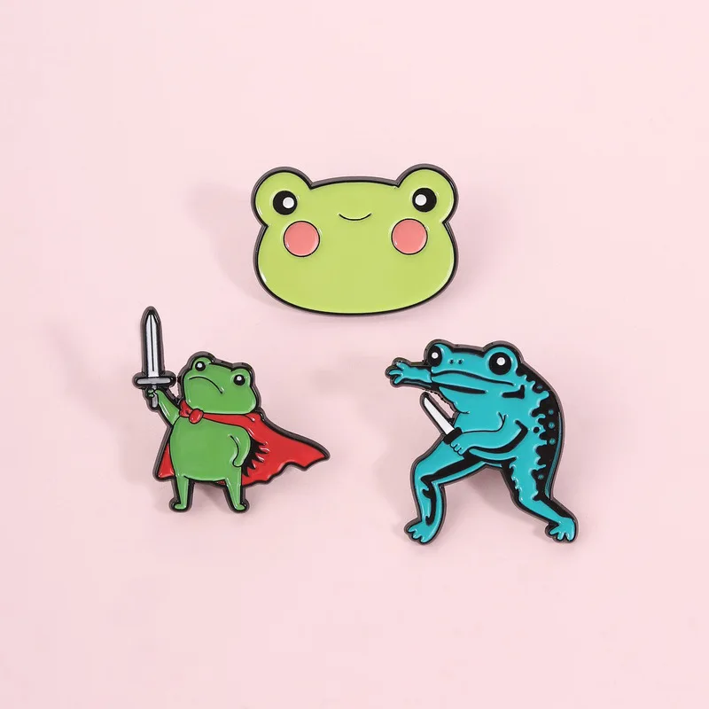 Funny cartoon frog themed badge cloak sword wielding small animal metal brooch cute outfit bag accessories