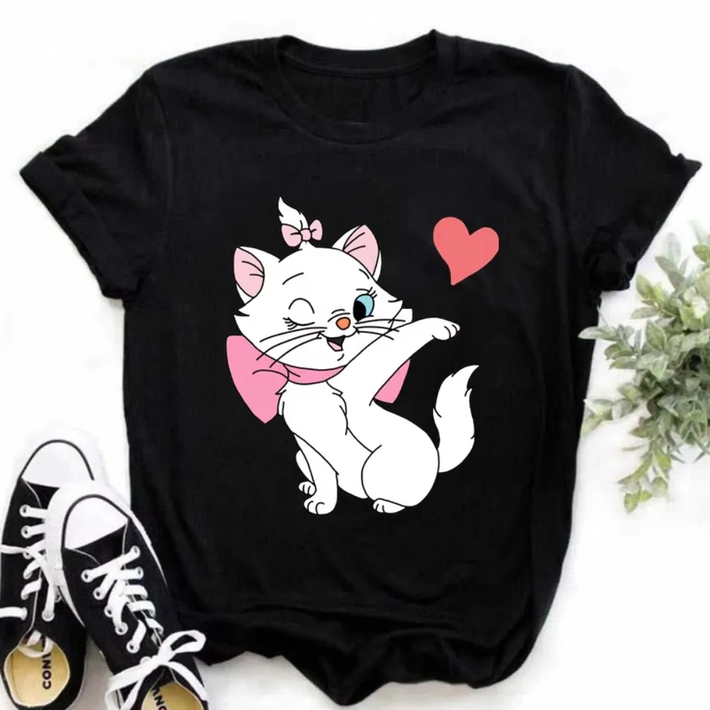 

The Aristocats Marie Cat Kawaii Cute Graphic Print Cotton T-shirt 2024 Women's Summer Top Cute Style Couple Short Sleeve Top