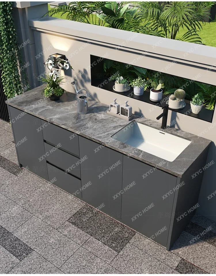 Outdoor courtyard balcony waterproof and sunscreen aluminum alloy sink integrated wash basin cabinet combined bathroom cabinet
